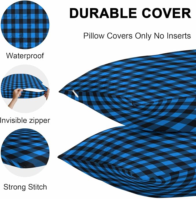 Outdoor Waterproof Throw Pillow Covers Set of 2 Buffalo Plaid Lumbar Pillowcases 20x12 Inches Pastoral Blue Black Checked Decorative Pillows Cushion Case Patio Pillows for Couch Bed Chair Garden
