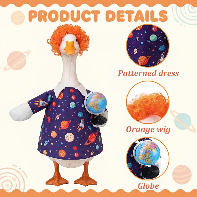 Outus Back to School Porch Goose Outfits Includes Galaxy Print Dress Orange Wig and Globe Prop First Day of School Classroom Goose Clothing for Outdoor Garden Yard Patio Lawn 23" Statue