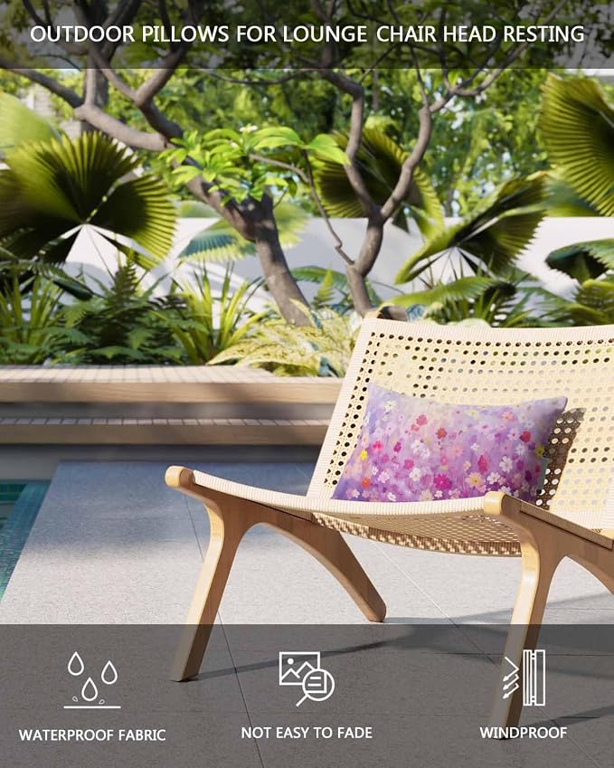 Chaise Lounge Head Resting Pillows,Spring Abstract Watercolor Purple Flowers Outdoor Chaise Pillows,Waterproof Patio Furniture Pillows with Insert and Adjustable Elastic Strap for Beach Chair