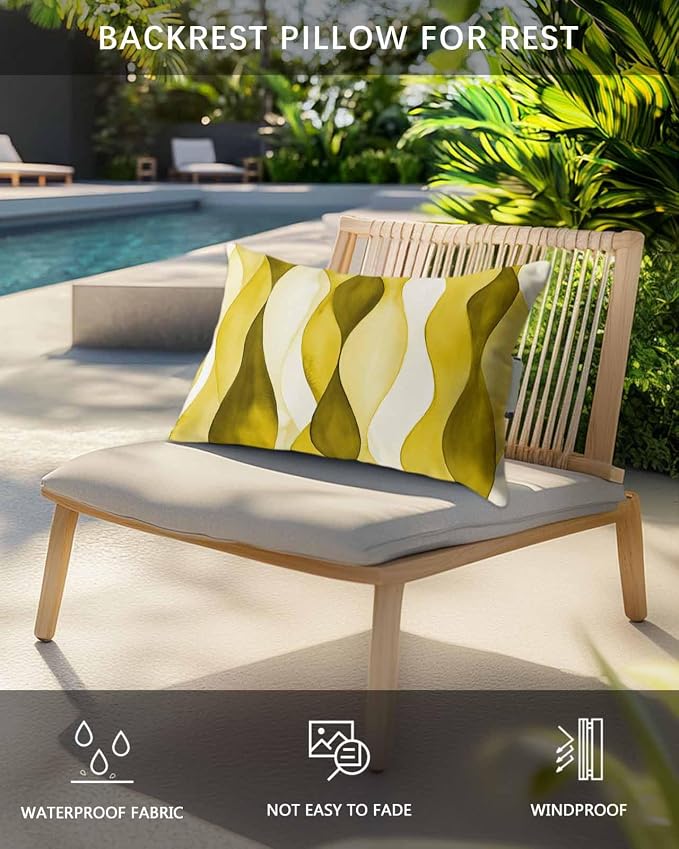 Outdoor Pillow for Chaise Lounge Chair Yellow Gradient Ripples Outdoor Pillows Waterproof with Adjustable Strap Headrest Lumbar Pillows for Garden Patio Furniture 2 Pack 12" x 20"