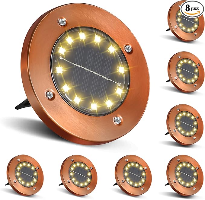 HOFLYW Outdoor In-Ground Lights Solar Disc Lights Outdoor Solar Garden Lights In Ground Solar Landscape Light 8 Pack 12 led for Pathway Yard Patio Walkway(Bronze, 8 Pack)