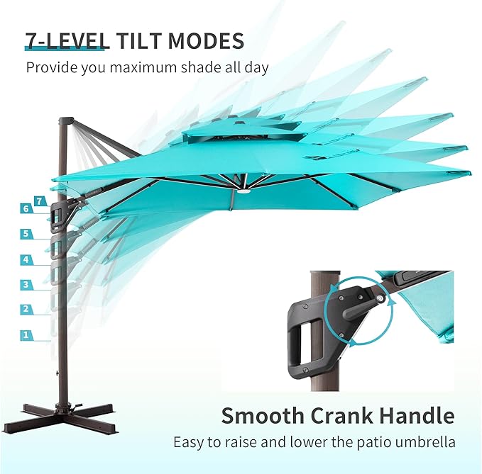 JZAC & QZYD 10X13 FT Outdoor Cantilever Patio Umbrella with LED Lights, Large Heavy Duty 2-Tier Aluminum Offset Umbrellas with 360-Degree Rotation for Pool Deck, Turquoise