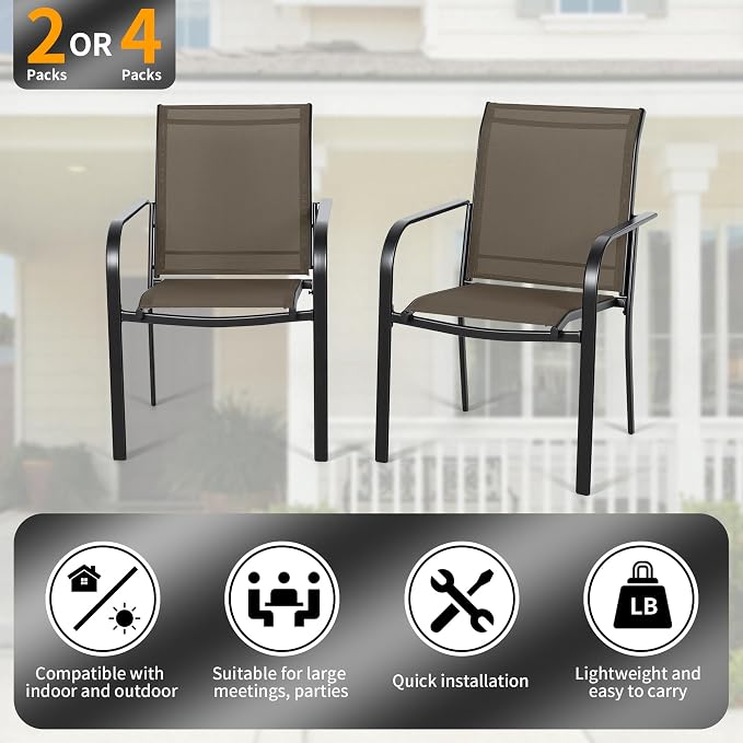 SUNCROWN 5 Pieces Outdoor Dining Set, Patio Furniture Set with 4 x Textilene Dinning Chairs and 1 Steel Slat Metal Bistro Table for Lawn Garden Backyard Deck - Brown