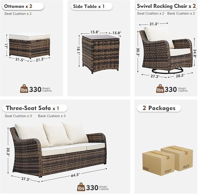 MEISSALIVVE Patio Furniture Set with Swivel Rocking Chairs, 6 Pieces Patio Conversation Set, Outdoor Wicker Sofa Couch with Waterproof Cushions for Lawn Backyard Porch (Brown)