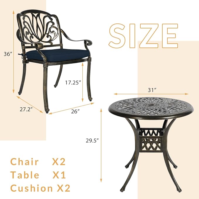 3-Piece Outdoor Patio Dining Set, All-Weather Cast Aluminum Patio Furniture Set for Backyard Garden Deck with 2 Cushioned Chairs and 31” Round Table, 2" Umbrella Hole, Navy Blue