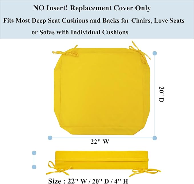 FUNHOME Outdoor Chair Cushion Covers 2 Pack, No Insert! Patio Cushion Covers Replacement 22" x 20" x 4", Water Resistant Patio Chair Cushion Slipcovers, Yellow(Covers ONLY)