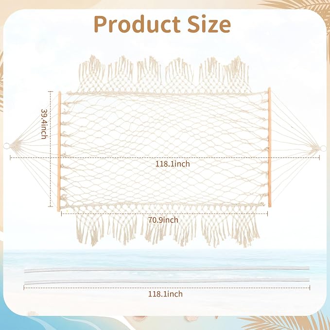 Hand Woven Cotton Rope Hammock, 10 ft Hammock for Patio Garden Yard Porch Camping Beach Indoor Outdoor Hanging Include Rope Straps, 450lb Capacity(White)