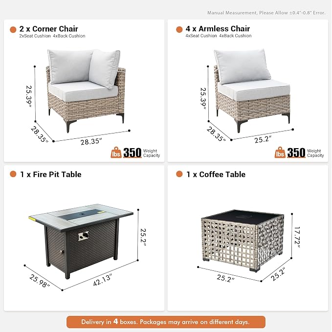 Outdoor Sectional Patio Furniture Set with Fire Pit Table and Glowing Table,8 Pieces Wicker Conversation Sets L Shaped Couch Out Door Sofa Set Outside Furniture for Garden Deck Yard,Grey