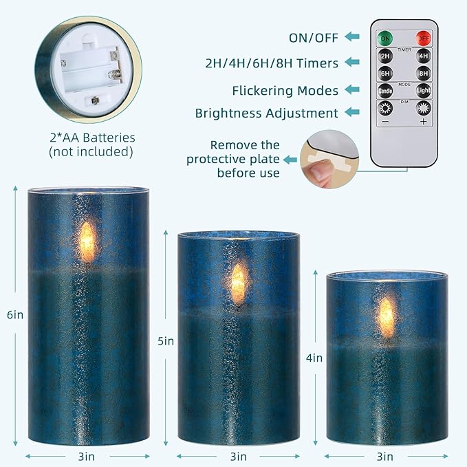 Flickering Flameless Candles with Remote - 3D Wick Battery Operated Candles with Timer, Blue Glass Fake LED Candles for Party Wedding Birthday Holiday Festival Christmas Home Decor Gifts