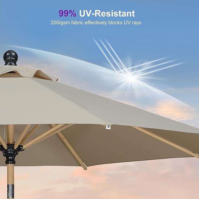 PURPLE LEAF 9 Feet Patio Umbrella with Base Market Umbrella Round Outdoor Umbrella with Push Button Tilt & Crank and 8 Ribs Aluminum Outdoor Table Umbrella for Garden Deck Balcony, Beige