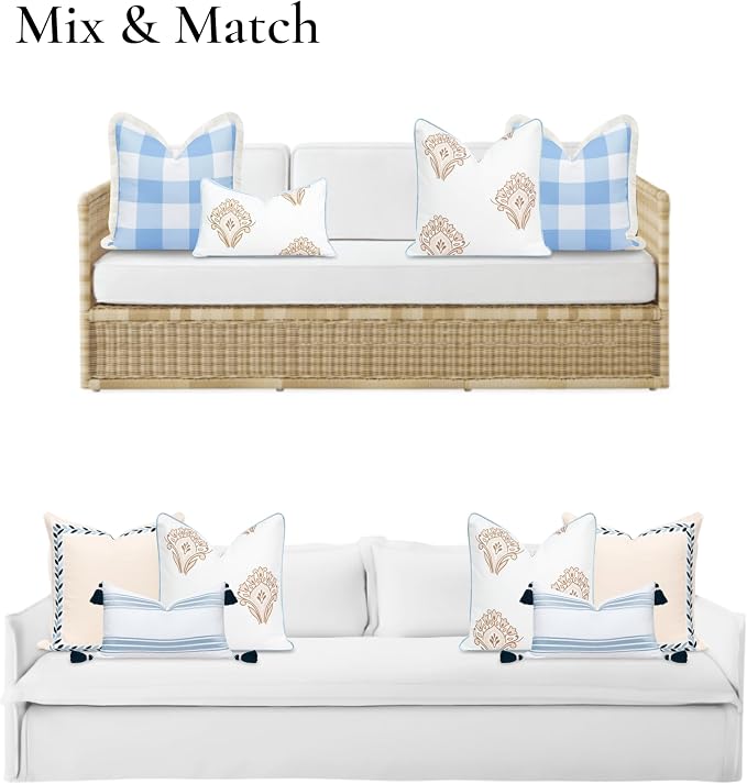 Hofdeco Premium Coastal Patio Indoor Outdoor Throw Pillow Cover Only, 20"x20" Water Repellent for Backyard, Couch, Baby Blue Tan Floral with Piping