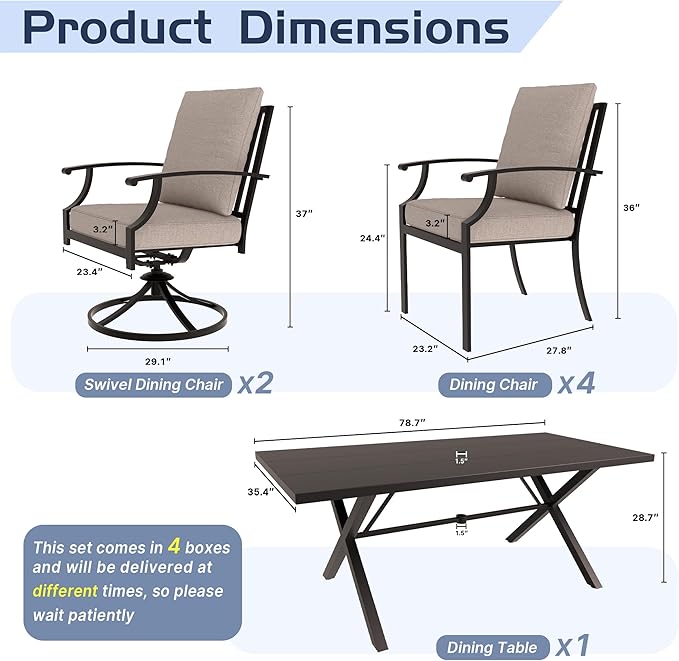 ALAULM 7-Piece Patio Dining Table and Chairs for 6 Outdoor Dining Set with 2 Swivel Chairs Patio Dining Sets with Rectangular Metal Table with Umbrella Hole for Patio, Backyard, Garden-Sand