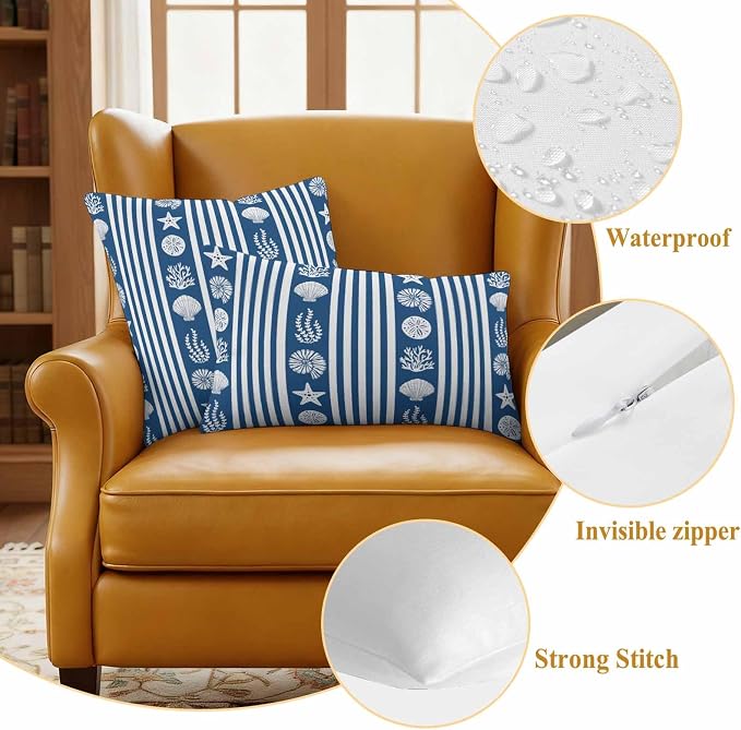 Striped Outdoor Waterproof Throw Pillow Covers Set of 2, 20"x12", Ocean Navy Blue Starfish Shell Jellyfish Coral Decorative Pillow Covers Outside Cushion Case for Patio Porch Garden