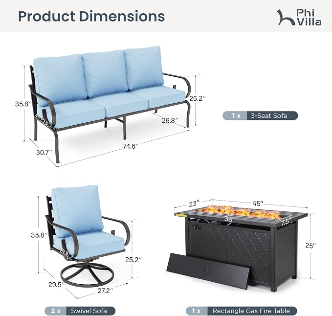 PHI VILLA Patio Furniture Set, 3-Seater Sofa, 2 Swivel Chairs and a 45" Fire Pit Table, Outdoor Metal Conversation Set with 5.75" Extra Thick Cushion for Garden Backyard Deck, Blue