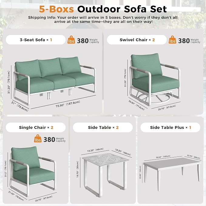 Outdoor Aluminum Patio Furniture Set with with 6.5" Thick Cushions,10-Piece Outdoor Sectional Conversation Set with Swivel Chairs,All-Weather Patio Set for Backyard & Deck，White