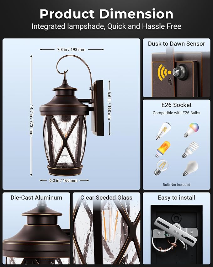 VIANIS Porch Lights Outdoor, Outdoor Wall Light with Dusk to Dawn Sensor, Bronze Gold Trim Exterior Lighting Fixtures with 100% Aluminium, Exterior Wall Sconce with E26 Base, Coach Lights for Garage