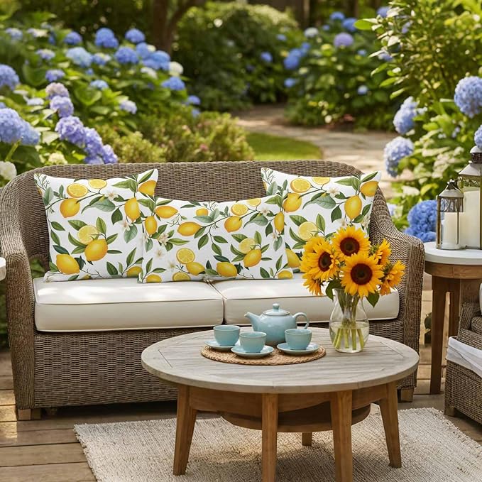 Outdoor Waterproof Throw Pillow Covers Set of 2 Yellow Lemon Pillowcases 16x16 Inches Floral Leaf Summer Fruits Decorative Pillows Cushion Case Patio Pillows for Couch Bed Chair Garden