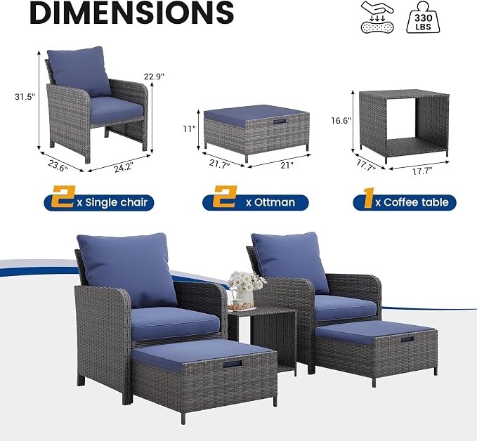 UDPATIO Wicker Patio Chairs with Ottoman Balcony Furniture 5 Pieces Patio Conversation Set for Small Space