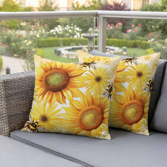Outdoor Throw Pillow Covers,Rustic Sunflower Yellow Flower Waterproof Decorative Pillowcases Cushion Cover Spring Farmhouse Floral Bee Pillow Cases for Patio Couch Sofa Bed,16x16in Set of 2