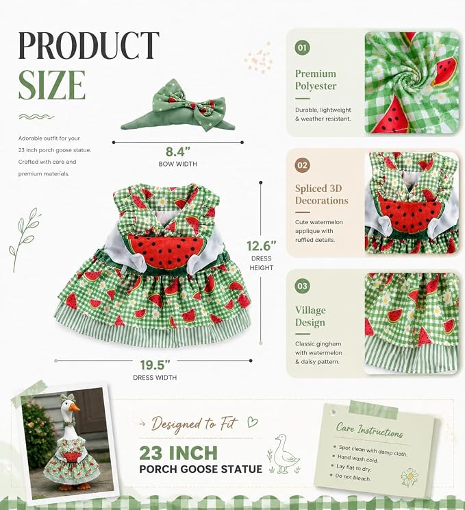 Porch Goose Outfit Set, Dress Bow Headband & Watermelon Slice Prop, Fits 23 Inch Lawn Goose Statue, Cute Novelty Outdoor Garden Yard Decor