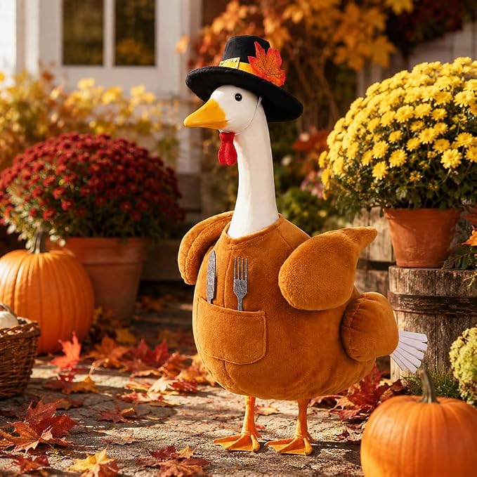 Thanksgiving Turkey Porch Goose Outfit for 23" Lawn Statue Fall Autumn Sculpture Clothes for Plastic/Cement Statue Duck Costume for Garden Patio Yard Lawn Art Decoration