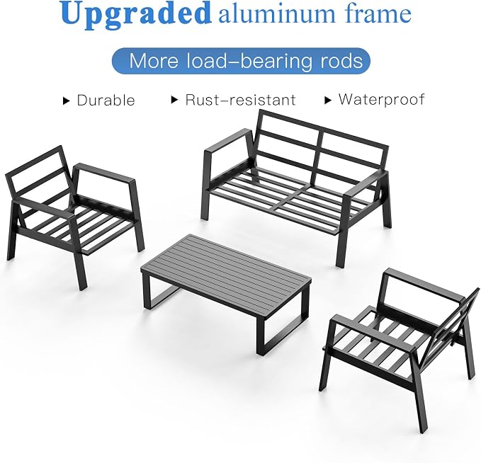 Aluminum Outdoor Patio Furniture Set, 4 Piece Sectional Coversation Sets with Coffee Table, Modern Outdoor Sofa Couch with Thick Cushions for Porch, Balcony, Garden, Light Gray