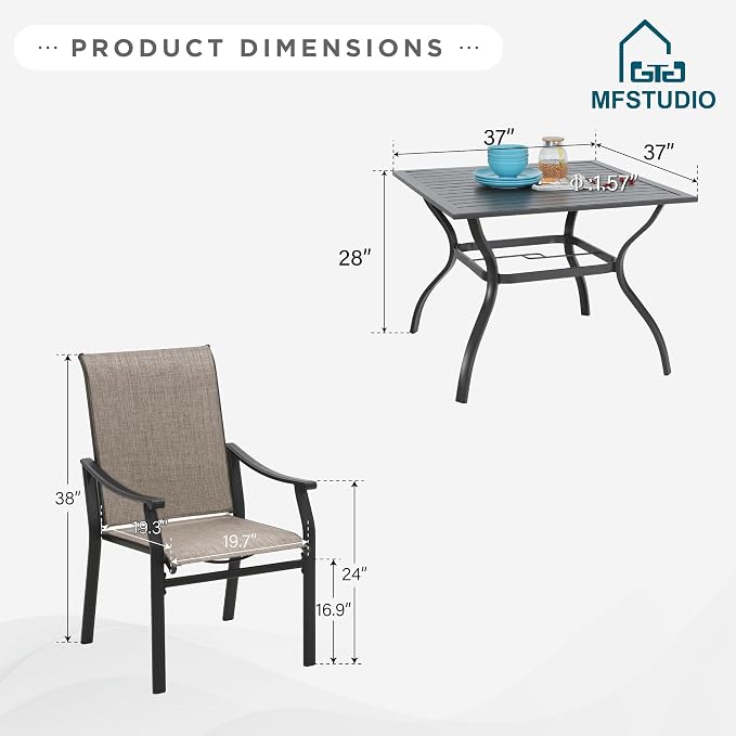 MFSTUDIO Patio Table and Chairs Set, 5 PCS Patio Dining Set with 4 Sling Dining Chairs and 1 Square Heavy Duty Metal Table for 4, All Weather Resistant Patio Dining Furniture, Grey
