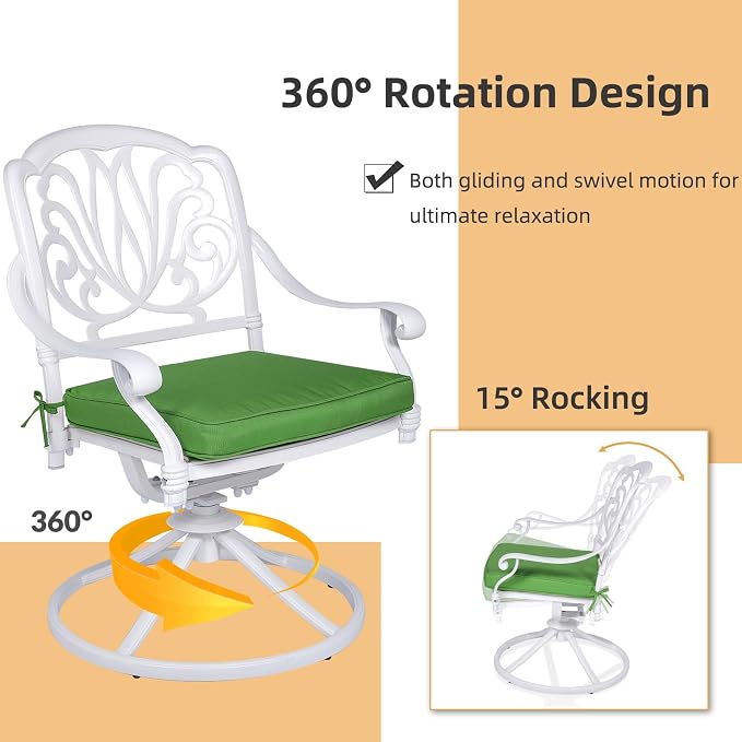 5 Piece Patio Dining Set, Outdoor Table and Chairs Set for 4 Cushioned Swivel Rocking Chairs and 38.5'' Round Table, All-Weather Cast Aluminum Patio Funiture Set, 2'' Umbrella Hole, White
