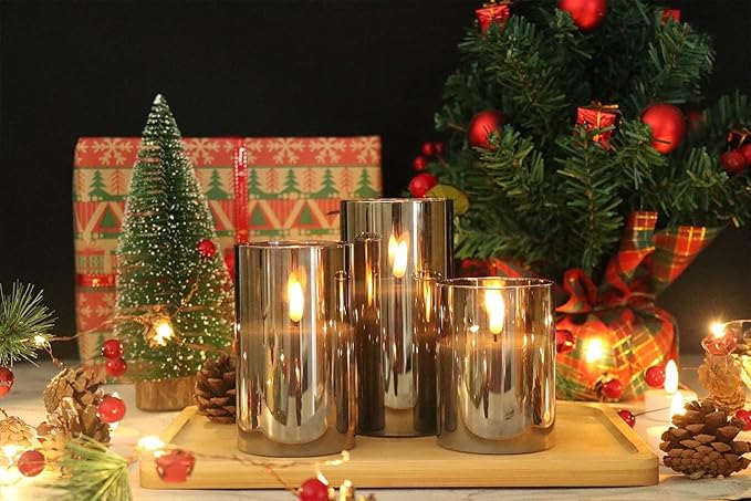 GenSwin Rechargeable LED Flameless Flickering Glass Candles with Remote Timer, Battery Operated Pillar Candles Long Lasting Grey Real Wax USB (D 3”×H 4”5”6”)