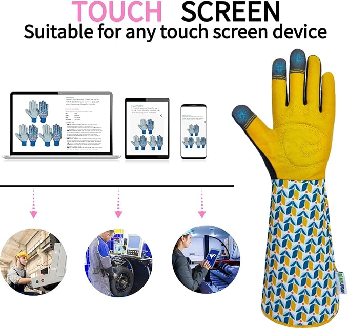 Thornproof Rose&Cactus Gardening Gloves,Gauntlet Garden Glove,Gifts | Canvas,Cute Floral Pattern,Leather Palm,Touchscreen,Durable Material,Garden Gift,Men&Women,Machine Washable,Adjustable Cuff