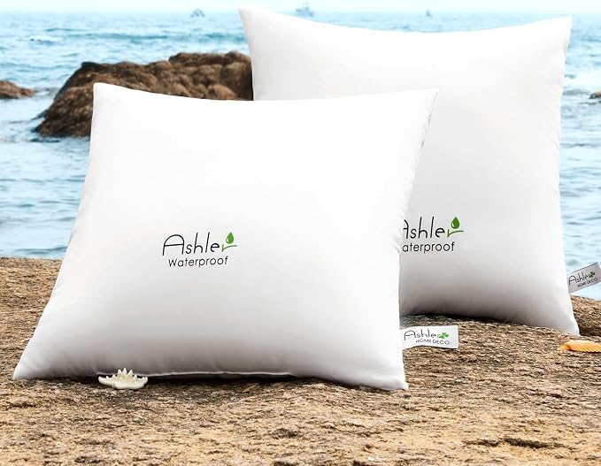 Ashler Outdoor Pillow Inserts 22x22 Pack of 2, Waterproof Pillows Decorative for Couch, Hypoallergenic Pillow Square Lumbar Pillow Form for Bedding Couch,White