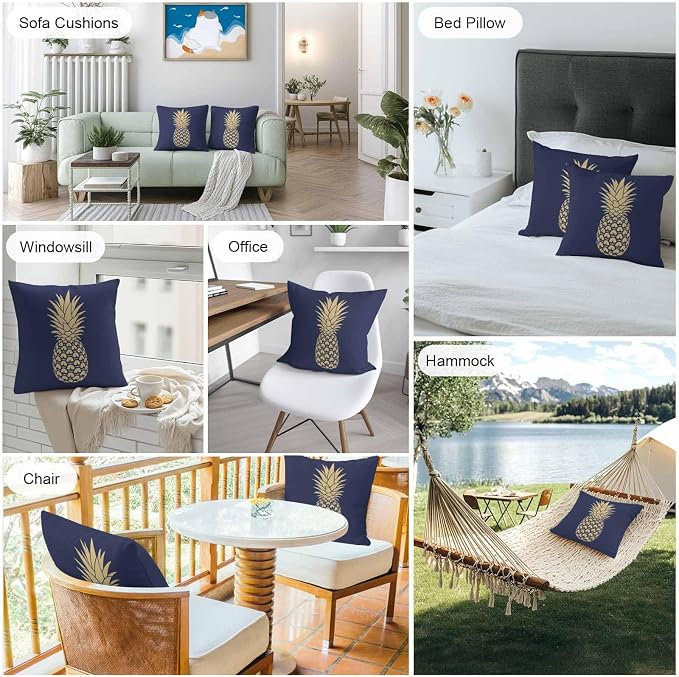 Yellow Pineapple Outdoor Waterproof Pillow Covers, Summer Fruits Navy Blue Decorative Square Throw Pillowcase Sofa Cushion Sham for Patio/Couch/Chair, 16"x16" 2 Pack