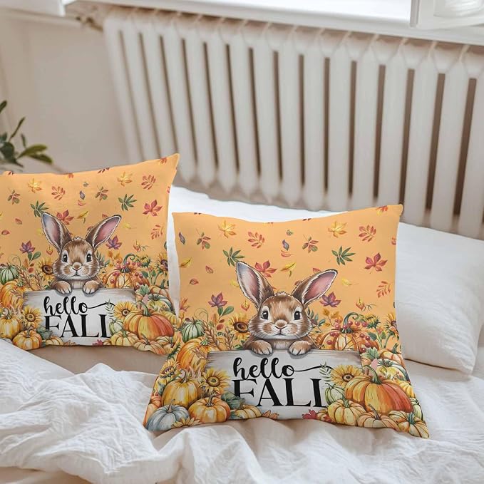 Thanksgiving Rabbit Outdoor Waterproof Pillow Covers, Orange Pumpkins Fall Leaves Flowers Decorative Square Throw Pillowcase Sofa Cushion Sham for Patio/Couch/Chair, 24"x24" 2 Pack