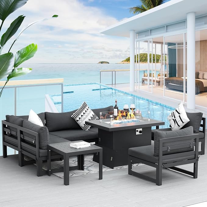 RADIATA 9 Pieces Aluminum Patio Furniture Set with Fire Pit Table, Morden Outdoor Sectional Sofa, Large Conversation Seat with Thick Cushion for Garden Backyard Deck Porch (Grey)