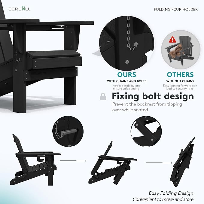 SERWALL Folding Adirondack Chairs with Dual Cup Holder, HDPE Adirondack Chairs Set of 4, Plastic Outdoor Chairs,Black