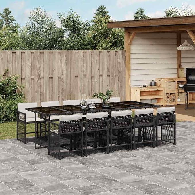 11-Piece Garden Dining Set - Large Outdoor Table and Chairs with Black Poly Rattan and Tempered Glass - Foldable Seating for 10 for Patio, Backyard and Terrace