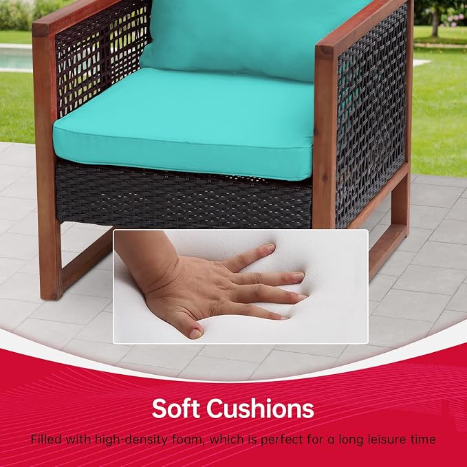 FDW 3-Piece Patio Bistro Set Acacia Wood Outdoor Chat Conversation Table Chair Set Outdoor Wood Chat Set with Water Resistant Cushions and Coffee Table for Beach Backyard Garden,Blue Cushion