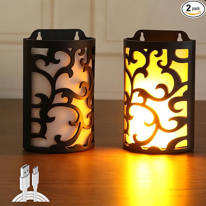Decorative Lanterns with Timer, Rechargeable Candle Light Flameless Candles Indoor/Outdoor Wall Sconces,Flickering Flames Wall Light for Hallway, Bathroom,2 Pack……
