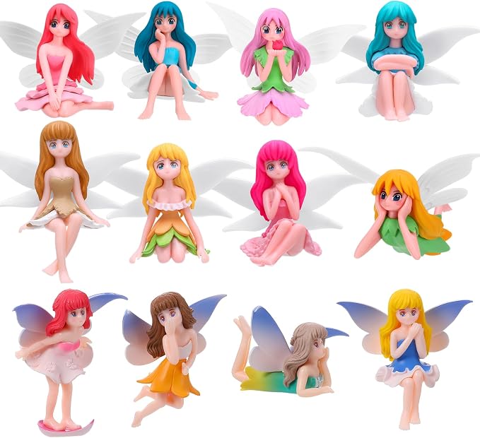 Miniature Fairy Figurines, 12 Pcs Hand-Painted Small Flower Fairies with Wings for Garden Decor, Cake Topper & Landscapes