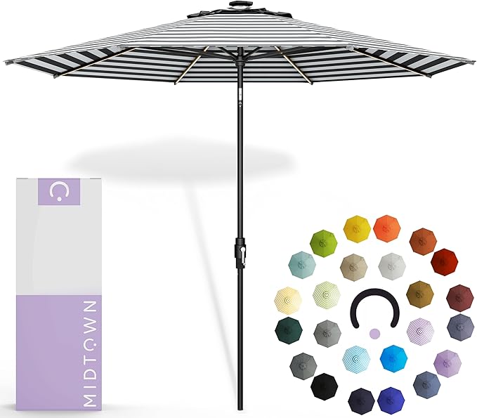 Midtown Umbrellas The LED Swilt 10 Feet Patio Umbrella With Terylast Zebra (Black/White) Polyester Fabric - Auto-Tilt Aluminum Frame With LED Lights For Backyard, Deck, Garden, Pool - Black Pole