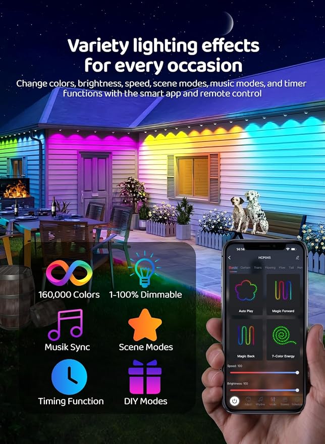 Gaoxun 150ft Permanent Outdoor Lights, RGBW Smart Outdoor Lights for House with 54 LED, APP/Remote Control, 47 Scene Modes, Timer, IP67 Waterproof Eaves Lighting for Daily Holiday Christmas Decors