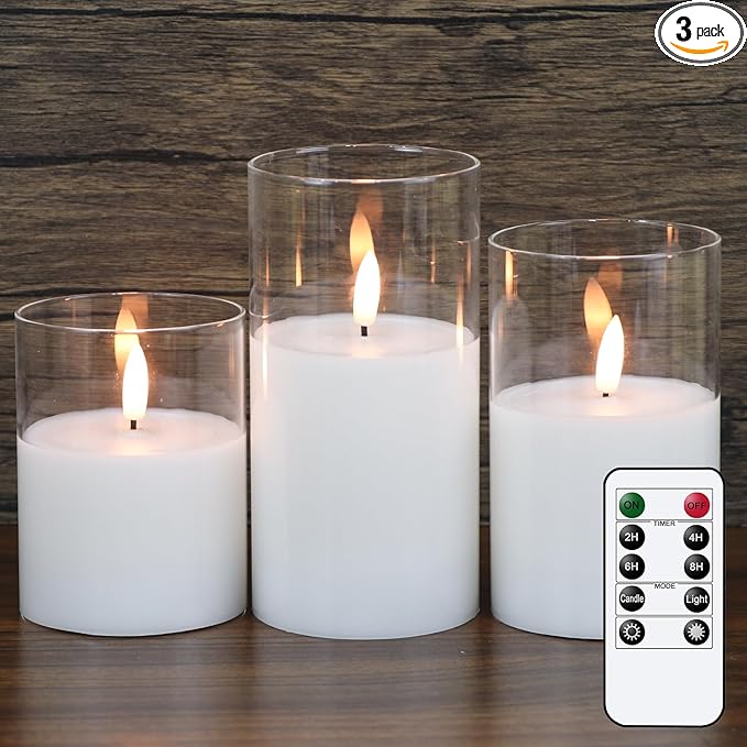 GenSwin Flameless Candles with Remote Timer, Clear LED Battery Operated Candles with Flickering Flame, Glass and Real Wax Pillar Candle Holiday Home Decor(Set of 3, D3”x4”5”6”)