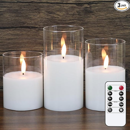 GenSwin Flameless Candles with Remote Timer, Clear LED Battery Operated Candles with Flickering Flame, Glass and Real Wax Pillar Candle Holiday Home Decor(Set of 3, D3”x4”5”6”)