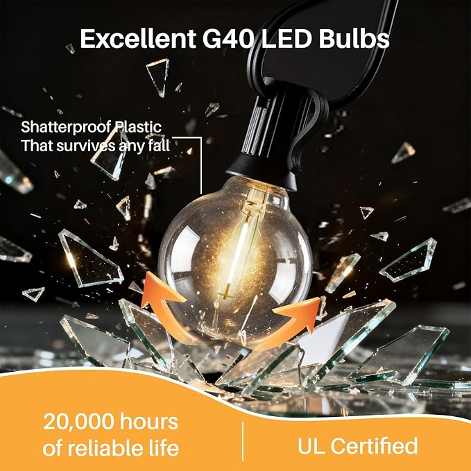 50 FT 2700K Outdoor String Lights,26 Plastic Edison Bulbs, E12 Base | G40 globe shatterproof bulbs, IP65 waterproof, dimmable LED, for backyard porch balcony party decor