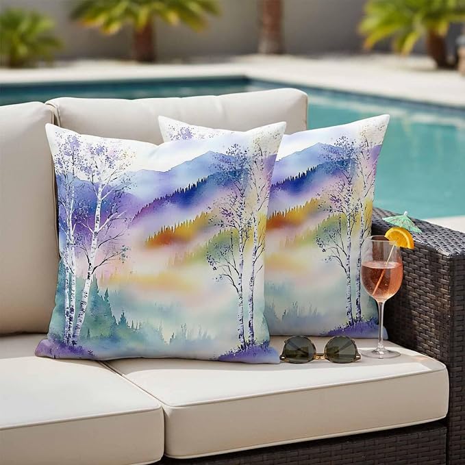 Forest Landscape Outdoor Pillow Covers Set of 2 Watercolor Yellow Purple Green Mountain Peaks Tree Waterproof Throw Pillow Cover Decorative Cushion Cases for Patio Porch Garden 24X24 Inch