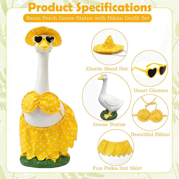 20″ Large Porch Goose Statue Décor - Resin Porch Goose with Yellow Summer Bikini Outfits, Garden Decor Sculpture, White Duck Figurine for Pool/Patio/Path/Lawn, Housewarming Birthday Gift Mum Women Men