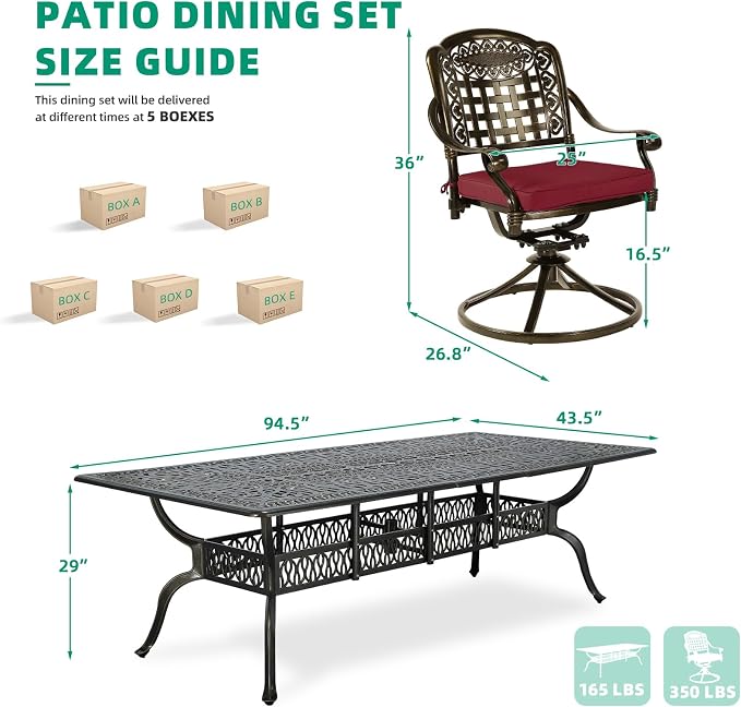 VIVIJASON 9-Piece Outdoor Dining Furniture Set, Cast Aluminum Patio Table & Chairs Set for 8, Include 94.5" Rectangular Dining Table and 8 Swivel Rocker Chairs with Umbrella Hole, Red Cushion