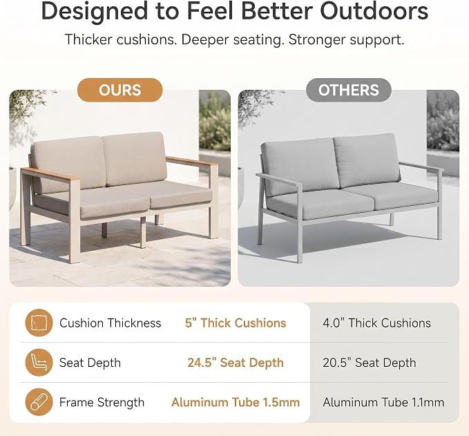 Outdoor Patio Furniture Set, 4-Piece Aluminum Conversation Set with Loveseat, 2 Chairs and Coffee Table, 5-Inch Water-Resistant Cushions for Backyard, Porch, Poolside, Beige