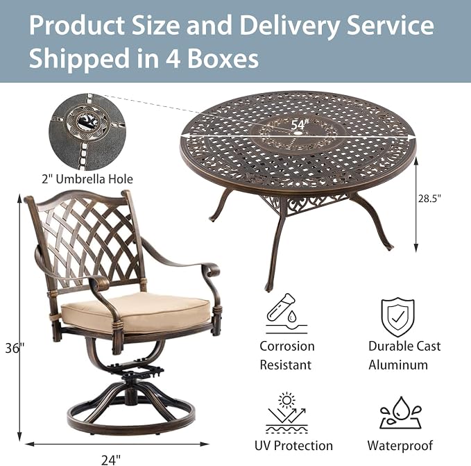 7-Pcs Cast Aluminum Patio Dining Set with 6 Swivel Chairs,Bronze | Outdoor Furniture Set Include 54" Round Dining Table and 6 Swivel Chairs with Cushions & Umbrella Hole