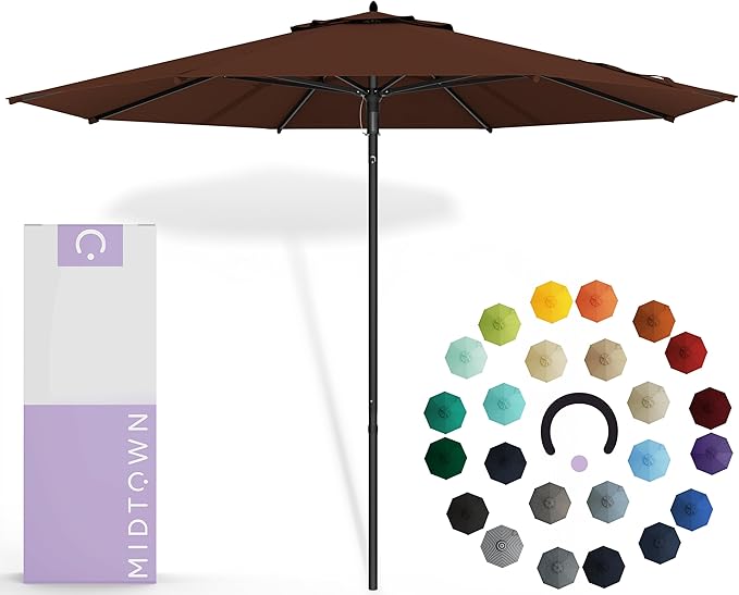 Midtown Umbrellas Push & Pop 10 Ft Patio Umbrellas with Push & Pop Mechanism, Fiberglass Ribs & Sunbrella Fabric – Outdoor Umbrella for Deck, Pool, Cafés and Hotels – Bay Brown Canopy, Black Pole